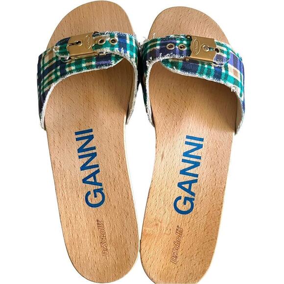 Ganni x Dr Scholls Slip On Pescura Heel Sandals Plaid Strap Blue Womens Sz 7 NEW - Picture 8 of 16